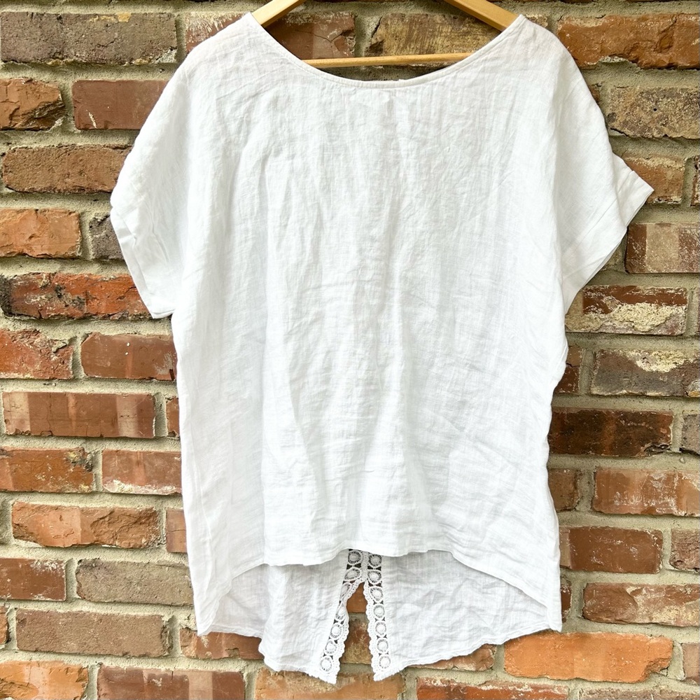Terzo Millennio White Linen Top Shirt Women's Large Crochet Lace Lagenlook Italy